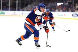 ELMONT, NEW YORK - JANUARY 24: Brock Nelson #29 of the New York Islanders scores a second period goal against the Philadelphia Flyersduring their game at UBS Arena on January 24, 2025 in Elmont, New York.