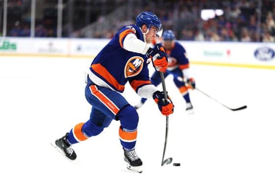 ELMONT, NEW YORK - JANUARY 24: Brock Nelson #29 of the New York Islanders scores a second period goal against the Philadelphia Flyersduring their game at UBS Arena on January 24, 2025 in Elmont, New York.