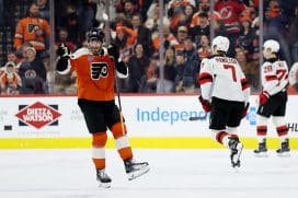 PHILADELPHIA, PENNSYLVANIA - JANUARY 27: Joel Farabee #86 of the Philadelphia Flyers celebrates his goal during the first period against the New Jersey Devils at the Wells Fargo Center on January 27, 2025 in Philadelphia, Pennsylvania.