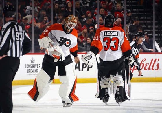 NEWARK, NEW JERSEY - JANUARY 29: Ivan Fedotov #82 of the Philadelphia Flyers replaces Samuel Ersson #33 during the second period against the New Jersey Devils at Prudential Center on January 29, 2025 in Newark, New Jersey.