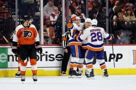PHILADELPHIA, PENNSYLVANIA - JANUARY 30: Marc Gatcomb #16 of the New York Islanders celebrates his first NHL goal with teammates during the second period against the Philadelphia Flyers at the Wells Fargo Center on January 30, 2025 in Philadelphia, Pennsylvania.