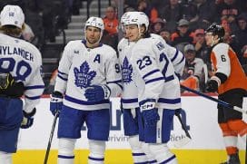 Jan 7, 2025; Philadelphia, Pennsylvania, USA; Toronto Maple Leafs center John Tavares (91) celebrates his goal with teammates against the Philadelphia Flyers during the second period at Wells Fargo Center.