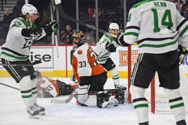 Jan 9, 2025; Philadelphia, Pennsylvania, USA; Dallas Stars center Wyatt Johnston (53) celebrates his goal with against Philadelphia Flyers goaltender Samuel Ersson (33) during the second period at Wells Fargo Center.