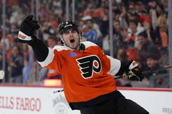Jan 11, 2025; Philadelphia, Pennsylvania, USA; Philadelphia Flyers defenseman Jamie Drysdale (9) reacts after scoring a goal against the Anaheim Ducks in the first period at Wells Fargo Center.