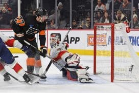 Jan 13, 2025; Philadelphia, Pennsylvania, USA; Philadelphia Flyers left wing Noah Cates (27) scores a goal past Florida Panthers center Eetu Luostarinen (27) during the third period at Wells Fargo Center.