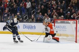 Jan 14, 2025; Columbus, Ohio, USA; Columbus Blue Jackets right wing Kirill Marchenko (86) scores the game winner past Philadelphia Flyers goalie Ivan Fedotov (82) during the shootout at Nationwide Arena.