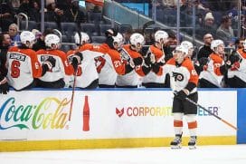Jan 16, 2025; Elmont, New York, USA; Philadelphia Flyers center Morgan Frost (48) celebrates after scoring a goal in the second period against the New York Islanders at UBS Arena.