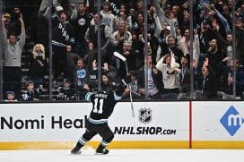 SALT LAKE CITY, UTAH - FEBRUARY 4: Dylan Guenther #11 of the Utah Hockey Club reacts after scoring the game-winning goal in overtime in a game against the Philadelphia Flyers on February 04, 2025 at Delta Center in Salt Lake City, Utah.
