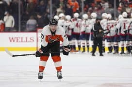 PHILADELPHIA, PENNSYLVANIA - FEBRUARY 06: Tyson Foerster #71 of the Philadelphia Flyers looks on after the game against the Washington Capitals at the Wells Fargo Center on February 6, 2025 in Philadelphia, Pennsylvania. The Capitals defeated the Flyers 4-3.
