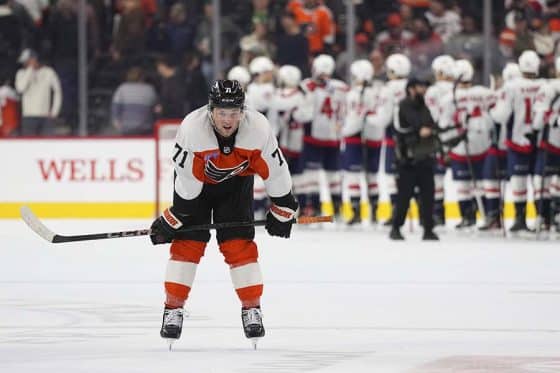 PHILADELPHIA, PENNSYLVANIA - FEBRUARY 06: Tyson Foerster #71 of the Philadelphia Flyers looks on after the game against the Washington Capitals at the Wells Fargo Center on February 6, 2025 in Philadelphia, Pennsylvania. The Capitals defeated the Flyers 4-3.