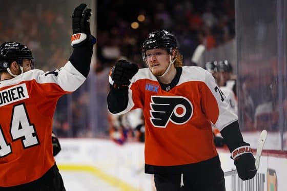 PHILADELPHIA, PENNSYLVANIA - FEBRUARY 22: Owen Tippett #74 of the Philadelphia Flyers celebrates with Sean Couturier #14 after scoring a goal against the Edmonton Oilers during the second period of the game at the Wells Fargo Center on February 22, 2025 in Philadelphia, Pennsylvania.