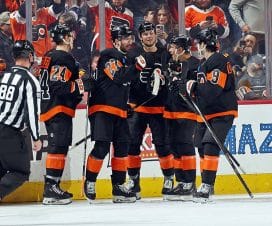 PHILADELPHIA, PENNSYLVANIA - FEBRUARY 25: Noah Cates #27 of the Philadelphia Flyers celebrates his second period goal against the Pittsburgh Penguins with Nick Seeler #24, Tyson Foerster #71, Bobby Brink #10, and Jamie Drysdale #9 at the Wells Fargo Center on February 25, 2025 in Philadelphia, Pennsylvania.