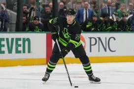 DALLAS, TX - February 2: Thomas Harley #55 of the Dallas Stars handles the puck against the Columbus Blue Jackets at the American Airlines Center on February 2, 2025 in Dallas, Texas.