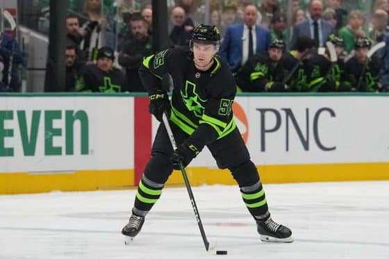 DALLAS, TX - February 2: Thomas Harley #55 of the Dallas Stars handles the puck against the Columbus Blue Jackets at the American Airlines Center on February 2, 2025 in Dallas, Texas.