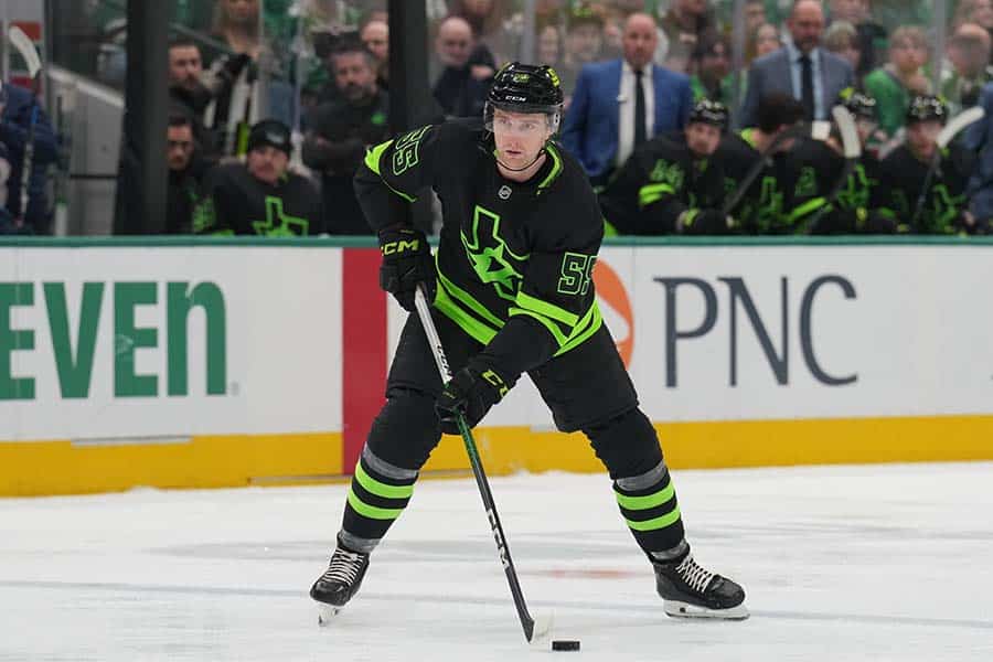 DALLAS, TX - February 2: Thomas Harley #55 of the Dallas Stars handles the puck against the Columbus Blue Jackets at the American Airlines Center on February 2, 2025 in Dallas, Texas.