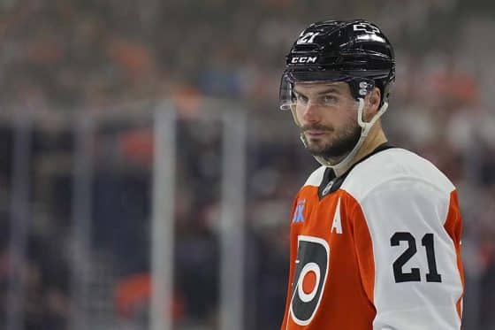 PHILADELPHIA, PENNSYLVANIA - MARCH 4: Scott Laughton #21 of the Philadelphia Flyers looks on against the Calgary Flames in the second period at the Wells Fargo Center on March 4, 2025 in Philadelphia, Pennsylvania.