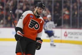 PHILADELPHIA, PENNSYLVANIA - MARCH 6: Scott Laughton #21 of the Philadelphia Flyers skates off the ice after a goal by the Winnipeg Jets in the second period at the Wells Fargo Center on March 6, 2025 in Philadelphia, Pennsylvania.