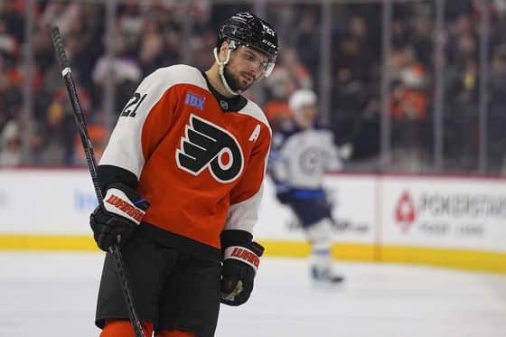 PHILADELPHIA, PENNSYLVANIA - MARCH 6: Scott Laughton #21 of the Philadelphia Flyers skates off the ice after a goal by the Winnipeg Jets in the second period at the Wells Fargo Center on March 6, 2025 in Philadelphia, Pennsylvania.