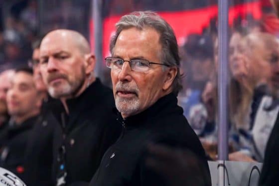 WINNIPEG, CANADA - MARCH 1: Head Coach John Tortorella of the Philadelphia Flyers looks on from the bench during first period action against the Winnipeg Jets at the Canada Life Centre on March 1, 2025 in Winnipeg, Manitoba, Canada. The Flyers defeated the Jets 2-1 in a shootout.
