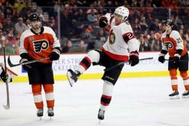 PHILADELPHIA, PENNSYLVANIA - MARCH 11: Dylan Cozens #24 of the Ottawa Senators celebrates his goal during the third period against the Philadelphia Flyers at the Wells Fargo Center on March 11, 2025 in Philadelphia, Pennsylvania.