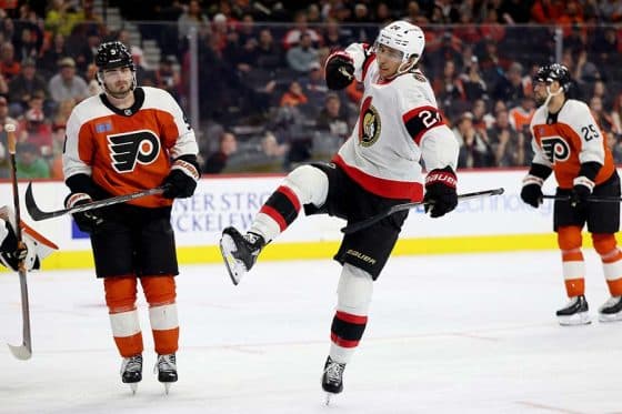 PHILADELPHIA, PENNSYLVANIA - MARCH 11: Dylan Cozens #24 of the Ottawa Senators celebrates his goal during the third period against the Philadelphia Flyers at the Wells Fargo Center on March 11, 2025 in Philadelphia, Pennsylvania.