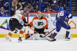 TAMPA, FL - MARCH 17: Nikita Kucherov #86 of the Tampa Bay Lightning shoots the puck for a goal against goalie Ivan Fedotov #82 of the Philadelphia Flyers at Amalie Arena on March 17, 2025 in Tampa, Florida.
