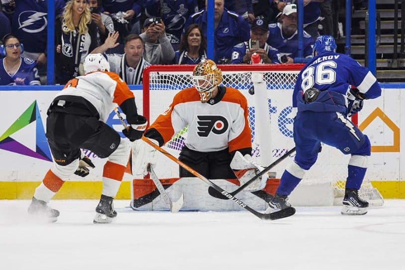 TAMPA, FL - MARCH 17: Nikita Kucherov #86 of the Tampa Bay Lightning shoots the puck for a goal against goalie Ivan Fedotov #82 of the Philadelphia Flyers at Amalie Arena on March 17, 2025 in Tampa, Florida.