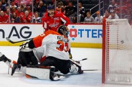 WASHINGTON, DC - MARCH 20: Alex Ovechkin #8 of the Washington Capitals scores his 888th career goal in the first period during a game against the Philadelphia Flyers at Capital One Arena on March 20, 2025 in Washington, D.C.