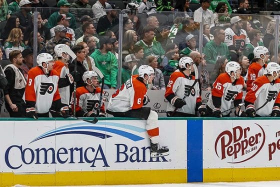 DALLAS, TX - MARCH 22: The Philadelphia Flyers bench watches the action during the game between the Dallas Stars and the Philadelphia Flyers on March 22, 2025 at the American Airlines Center in Dallas, Texas.