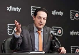 PHILADELPHIA, PENNSYLVANIA - MARCH 27: General Manager Daniel Briere of the Philadelphia Flyers addresses the media regarding the firing of Head Coach John Tortorella prior to an NHL game against the Montreal Canadiens at the Wells Fargo Center on March 27, 2025 in Philadelphia, Pennsylvania.