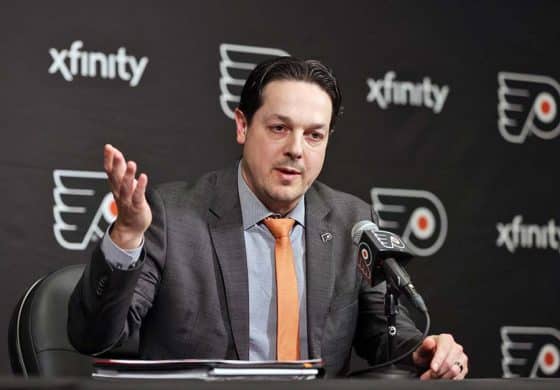 PHILADELPHIA, PENNSYLVANIA - MARCH 27: General Manager Daniel Briere of the Philadelphia Flyers addresses the media regarding the firing of Head Coach John Tortorella prior to an NHL game against the Montreal Canadiens at the Wells Fargo Center on March 27, 2025 in Philadelphia, Pennsylvania.