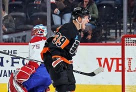 PHILADELPHIA, PENNSYLVANIA - MARCH 27: Matvei Michkov #39 of the Philadelphia Flyers reacts after scoring the first of his two first period goals against Jakub Dobes #75 of the Montreal Canadiens at the Wells Fargo Center on March 27, 2025 in Philadelphia, Pennsylvania.