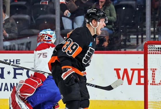 PHILADELPHIA, PENNSYLVANIA - MARCH 27: Matvei Michkov #39 of the Philadelphia Flyers reacts after scoring the first of his two first period goals against Jakub Dobes #75 of the Montreal Canadiens at the Wells Fargo Center on March 27, 2025 in Philadelphia, Pennsylvania.