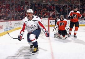 PHILADELPHIA, PENNSYLVANIA - APRIL 16: Alex Ovechkin #8 of the Washington Capitals celebrates his goal against Samuel Ersson #33 of the Philadelphia Flyers at 18:08 of the first period at the Wells Fargo Center on April 16, 2024 in Philadelphia, Pennsylvania.