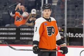 PHILADELPHIA, PA - OCTOBER 03: Philadelphia Flyers defenseman Helge Grans (3) looks on before the preseason game between the New Jersey Devils and the Philadelphia Flyers on October 3rd, 2024 at the Wells Fargo Center in Philadelphia, PA.