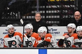 SALT LAKE CITY, UTAH - FEBRUARY 4: Head Coach John Tortorella of the Philadelphia Flyers stands behind the bench during the first period of a game against the Utah Hockey Club on February 04, 2025 at Delta Center in Salt Lake City, Utah.