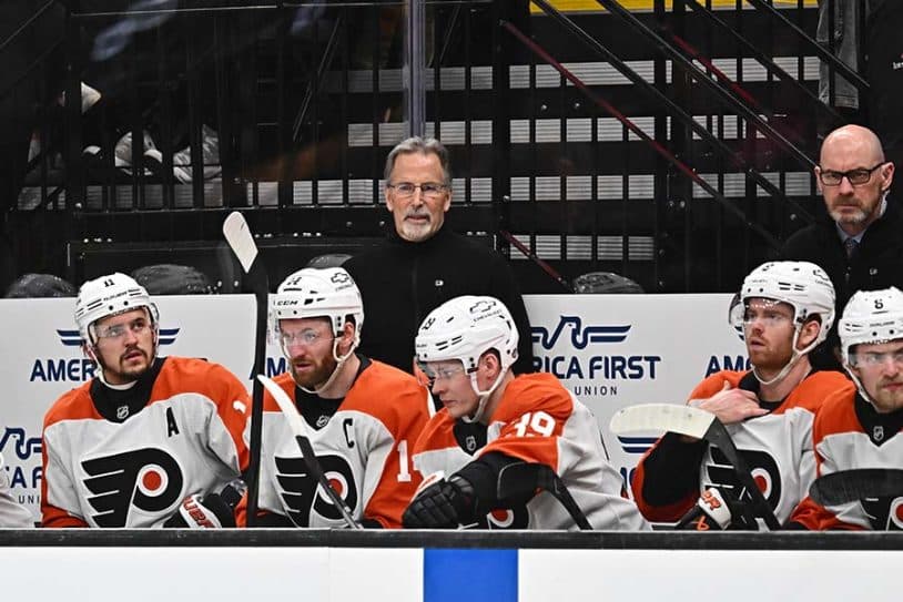 SALT LAKE CITY, UTAH - FEBRUARY 4: Head Coach John Tortorella of the Philadelphia Flyers stands behind the bench during the first period of a game against the Utah Hockey Club on February 04, 2025 at Delta Center in Salt Lake City, Utah.