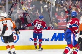 MONTREAL, CANADA- APRIL 5: Lane Hutson #48 of the Montreal Canadiens celebrates after scoring a goal during the third period of the NHL regular season game between the Montreal Canadiens and the Philadelphia Flyers at the Bell Centre on April 5, 2025 in Montreal, Quebec, Canada.