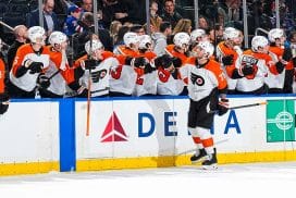 NEW YORK, NEW YORK - APRIL 09: Tyson Foerster #71 of the Philadelphia Flyers celebrates with teammates after scoring a goal in the third period against the New York Rangers at Madison Square Garden on April 9, 2025 in New York City.