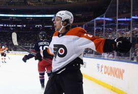 NEW YORK, NEW YORK - APRIL 09: Jakob Pelletier #22 of the Philadelphia Flyers celebrates his third period goal against Jonathan Quick #32 of the New York Rangers at Madison Square Garden on April 09, 2025 in New York City. The Flyers defeated the Rangers 8-5.