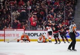 OTTAWA, CANADA - APRIL 13: Tim Stützle #18 of the Ottawa Senators celebrates his overtime goal against the Philadelphia Flyers at Canadian Tire Centre on April 13, 2025 in Ottawa, Ontario, Canada.