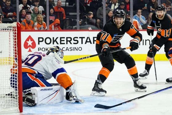 PHILADELPHIA, PENNSYLVANIA - APRIL 12: Tyson Foerster #71 of the Philadelphia Flyers scores a goal against Marcus Hogberg #50 of the New York Islanders during the second period of the game at the Wells Fargo Center on April 12, 2025 in Philadelphia, Pennsylvania.