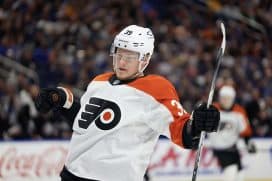 BUFFALO, NEW YORK - APRIL 17: Matvei Michkov #39 of the Philadelphia Flyers celebrates his goal against the Buffalo Sabres during the first period at KeyBank Center on April 17, 2025 in Buffalo, New York.