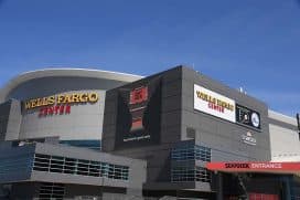 PHILADELPHIA, PA - MAY 27: An exterior view of the Wells Fargo Center and Seat Geek signage as seen before the NCAA Division I Men's Lacrosse Championships Semifinal game between the Duke Blue Devils and the Penn State Nittany Lions on May 27, 2023, at Lincoln Financial Field in Philadelphia, PA.