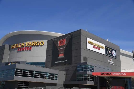 PHILADELPHIA, PA - MAY 27: An exterior view of the Wells Fargo Center and Seat Geek signage as seen before the NCAA Division I Men's Lacrosse Championships Semifinal game between the Duke Blue Devils and the Penn State Nittany Lions on May 27, 2023, at Lincoln Financial Field in Philadelphia, PA.