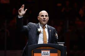 PHILADELPHIA, PENNSYLVANIA - NOVEMBER 16: Philadelphia Flyers Hall of Fame inductee Rick Tocchet delivers an induction speech before a game between the Philadelphia Flyers and the Calgary Flames at Wells Fargo Center on November 16, 2021 in Philadelphia, Pennsylvania.