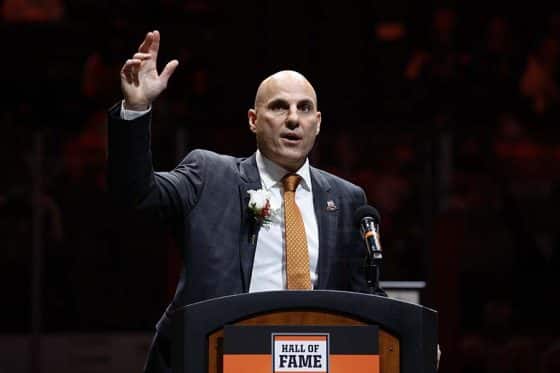 PHILADELPHIA, PENNSYLVANIA - NOVEMBER 16: Philadelphia Flyers Hall of Fame inductee Rick Tocchet delivers an induction speech before a game between the Philadelphia Flyers and the Calgary Flames at Wells Fargo Center on November 16, 2021 in Philadelphia, Pennsylvania.