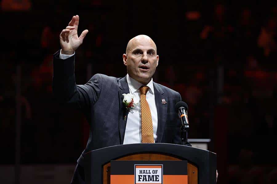 PHILADELPHIA, PENNSYLVANIA - NOVEMBER 16: Philadelphia Flyers Hall of Fame inductee Rick Tocchet delivers an induction speech before a game between the Philadelphia Flyers and the Calgary Flames at Wells Fargo Center on November 16, 2021 in Philadelphia, Pennsylvania.