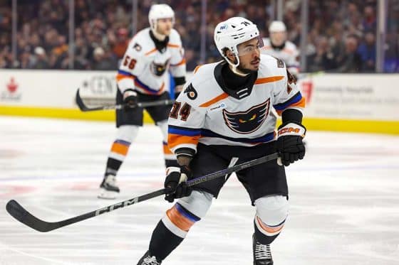 CLEVELAND, OH - DECEMBER 14: Lehigh Valley Phantoms center Zayde Wisdom (74) on the ice during the third period of the American Hockey League game between the Lehigh Valley Phantoms and Cleveland Monsters on December 14, 2024, at Rocket Mortgage FieldHouse in Cleveland, OH.