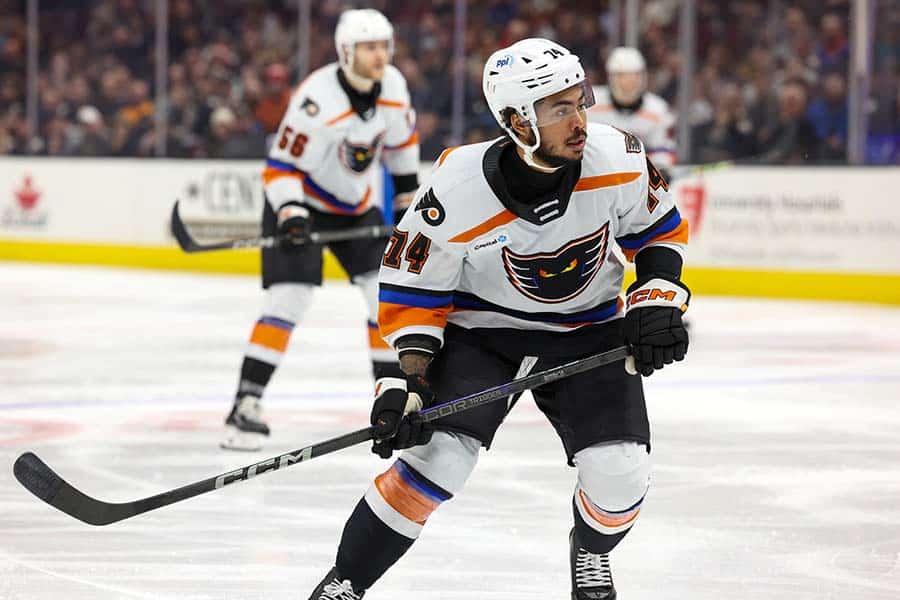 CLEVELAND, OH - DECEMBER 14: Lehigh Valley Phantoms center Zayde Wisdom (74) on the ice during the third period of the American Hockey League game between the Lehigh Valley Phantoms and Cleveland Monsters on December 14, 2024, at Rocket Mortgage FieldHouse in Cleveland, OH.